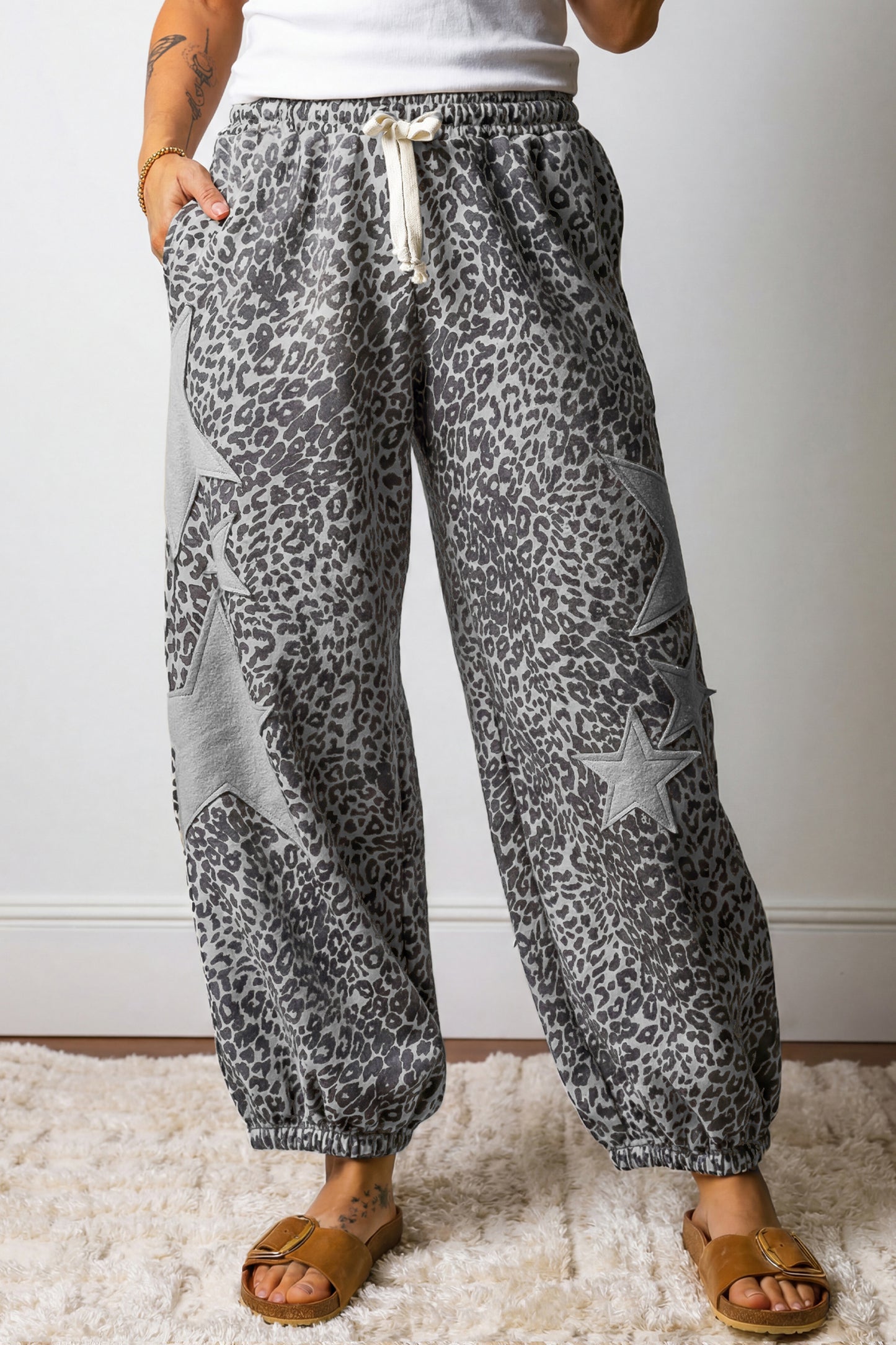 Khaki Leopard Print Star Jogger Pants