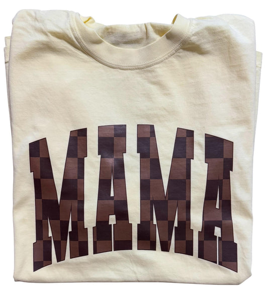 butter yellow checkered MAMA tee