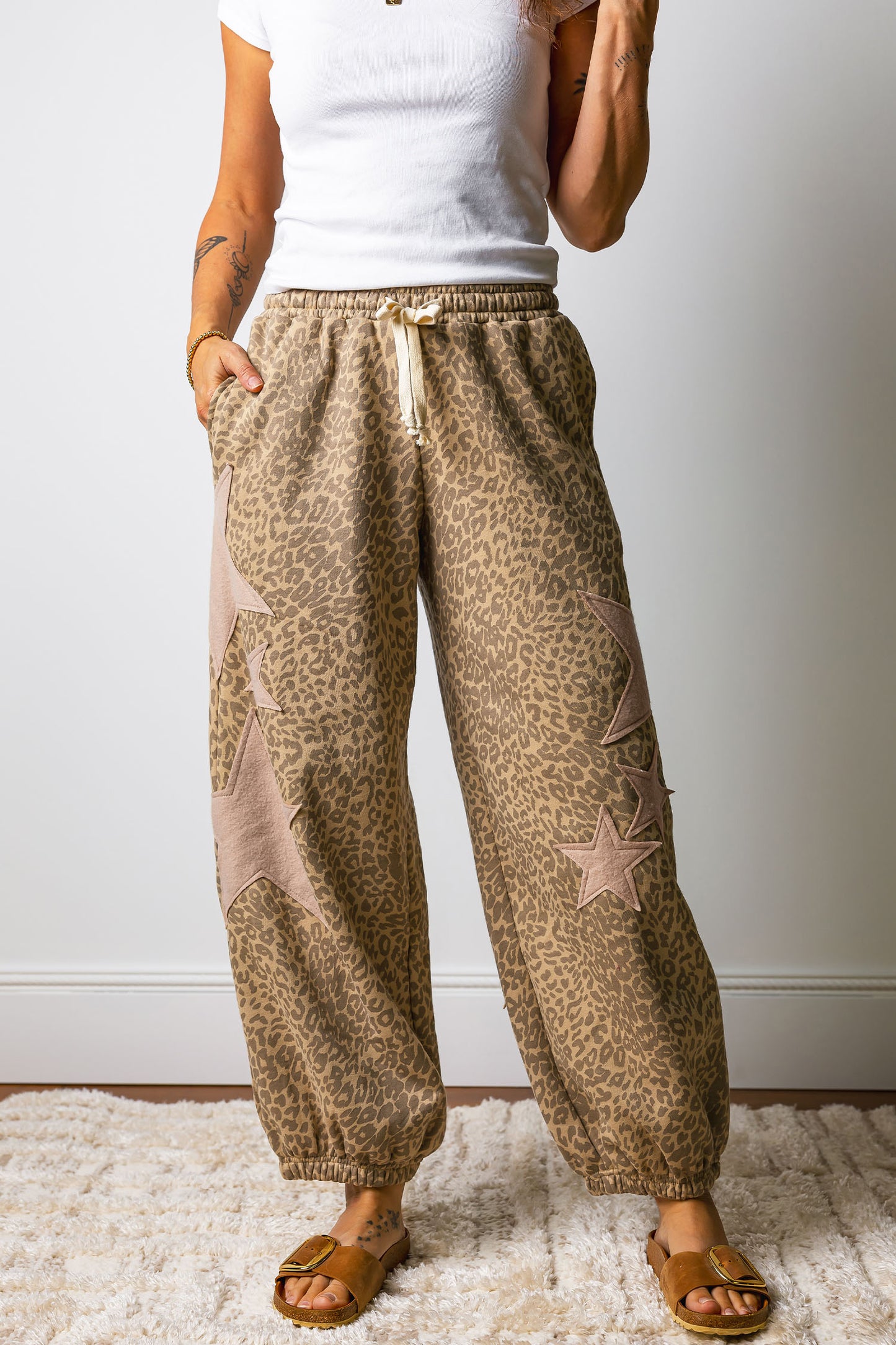 Khaki Leopard Print Star Jogger Pants