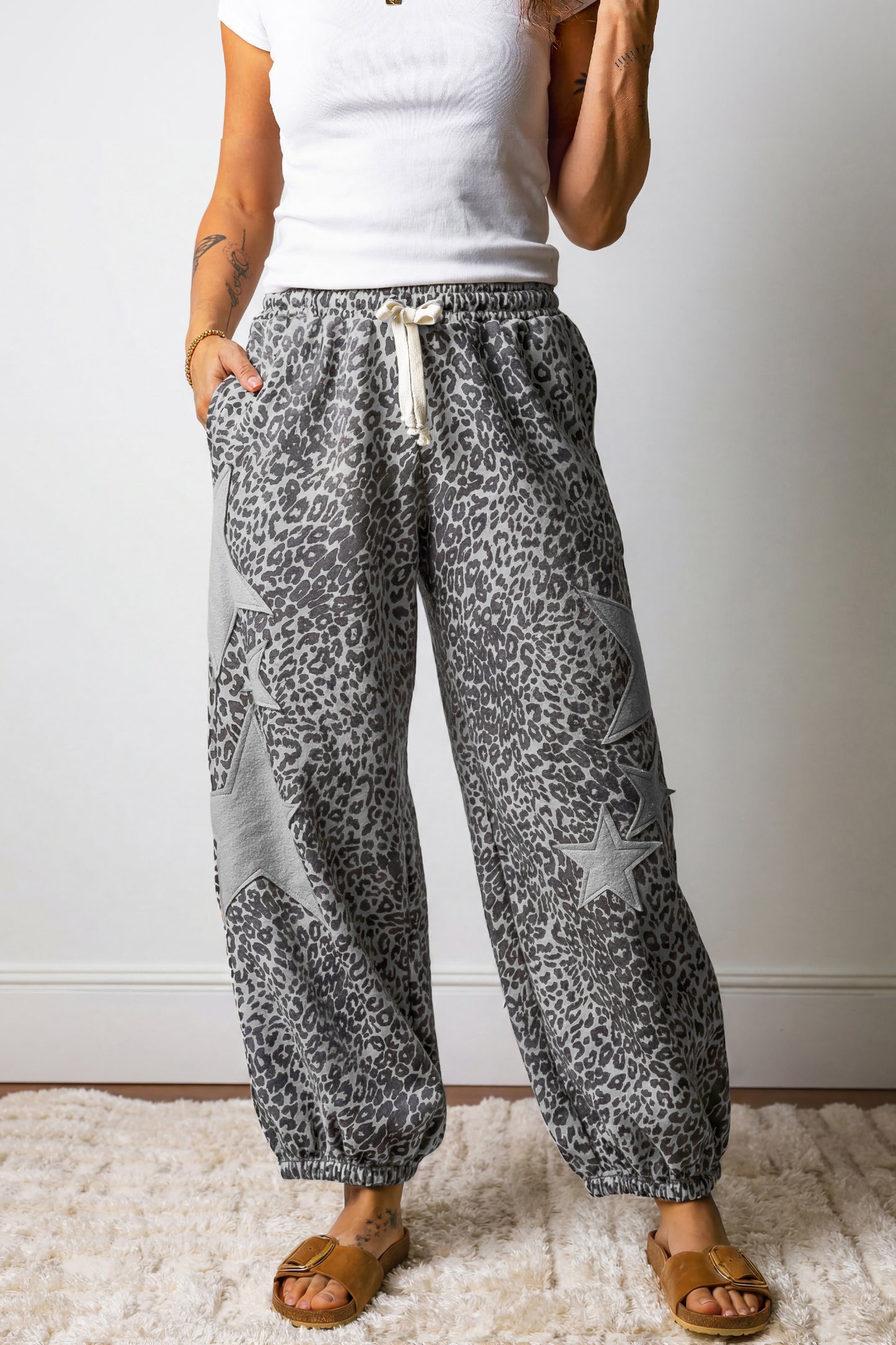 Khaki Leopard Print Star Jogger Pants